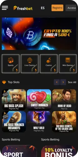 Página principal de la Freshbet app con secciones de apuestas y casino tras Freshbet descargar