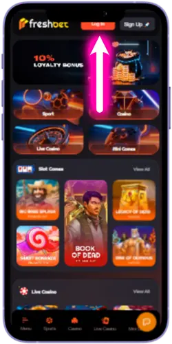 Freshbet sign in button top right corner
