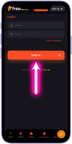 Freshbet login form credentials entry screen